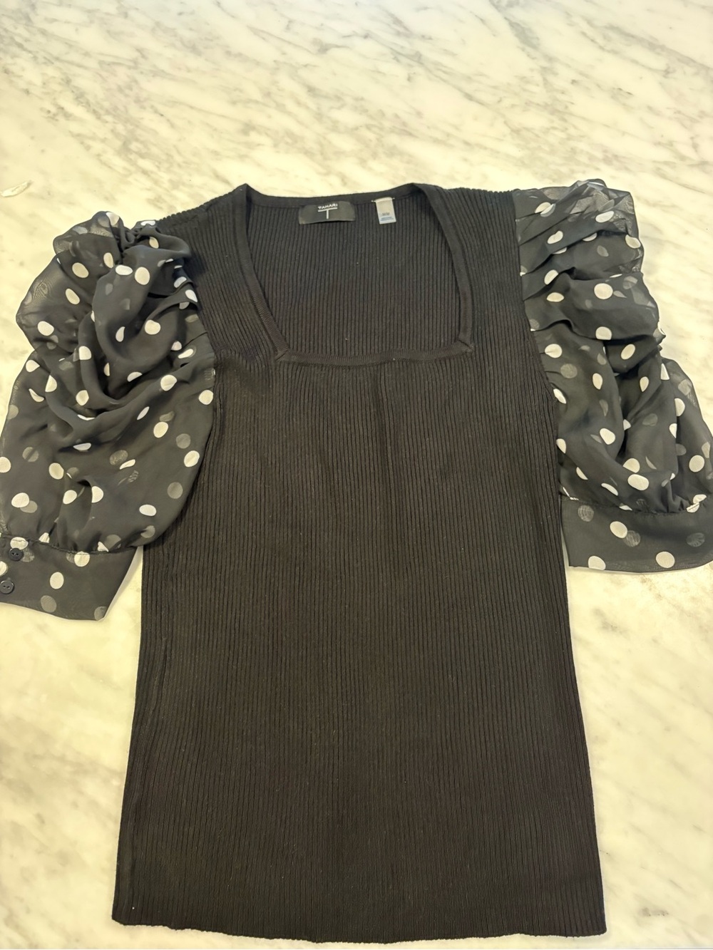 Tahari Black Polka Dot Puff Sleeve Top size medium